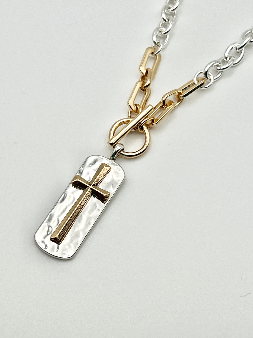 24/7 Wear Hammered Dog Tag Cross Pendant Two Tone Stainless Steel Necklace with 18