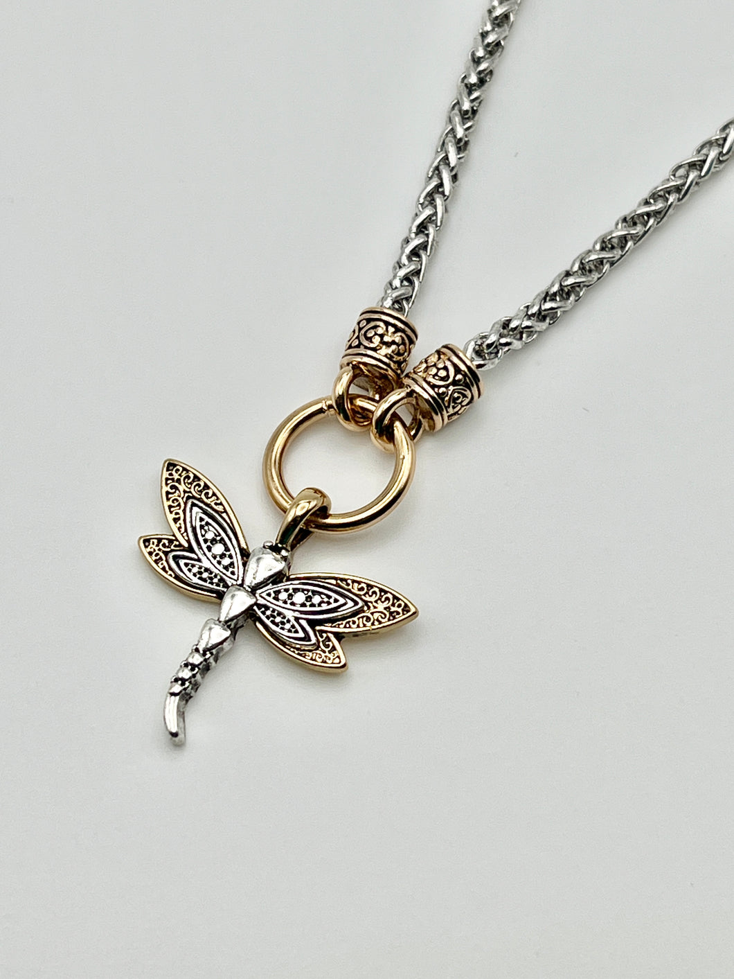 24/7 Wear Filigree Dragonfly Two Tone Stainless Steel Necklace with 18