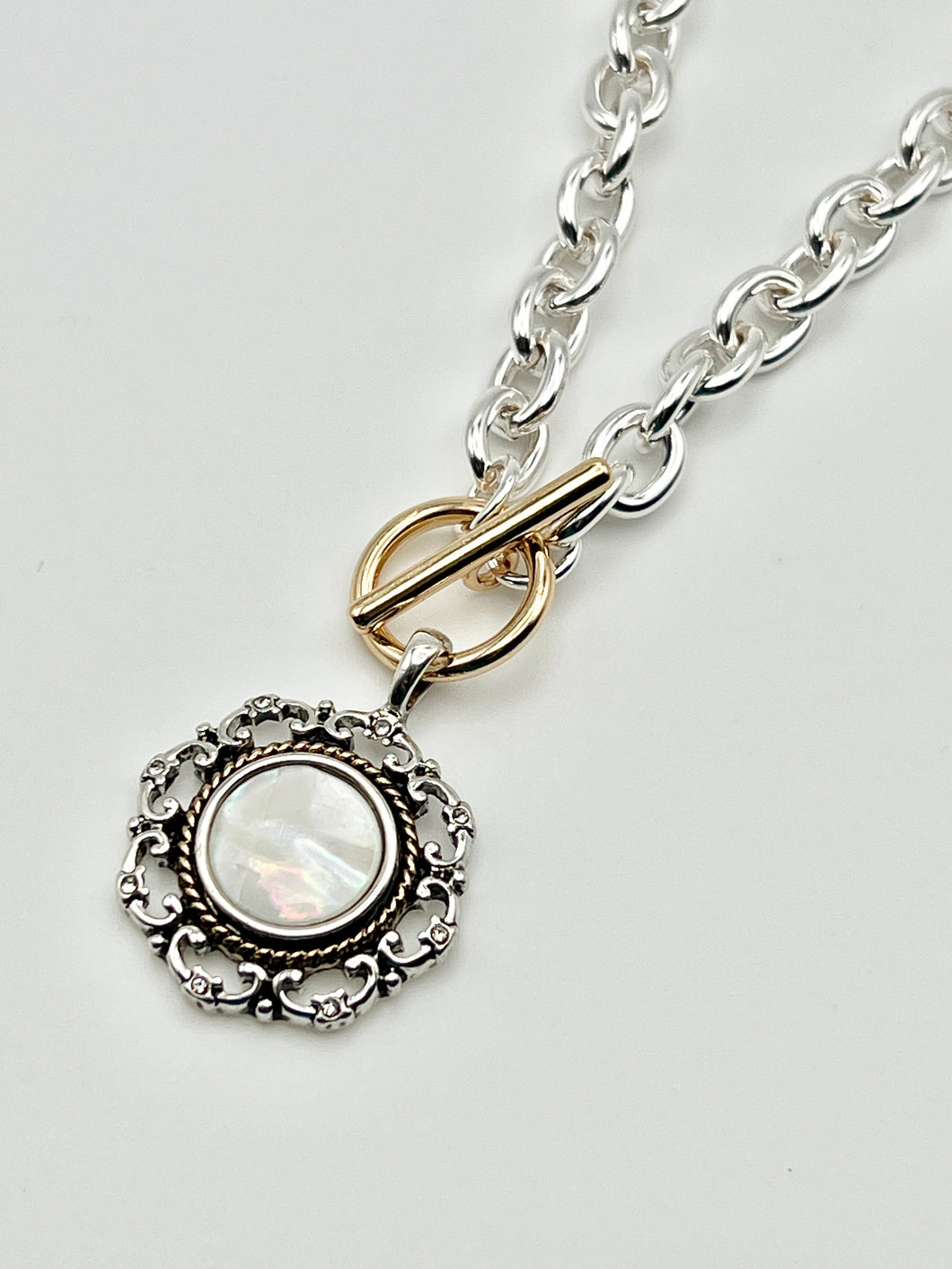 24/7 Wear Mother of Pearl Pendant Two Tone Stainless Steel Necklace with 18