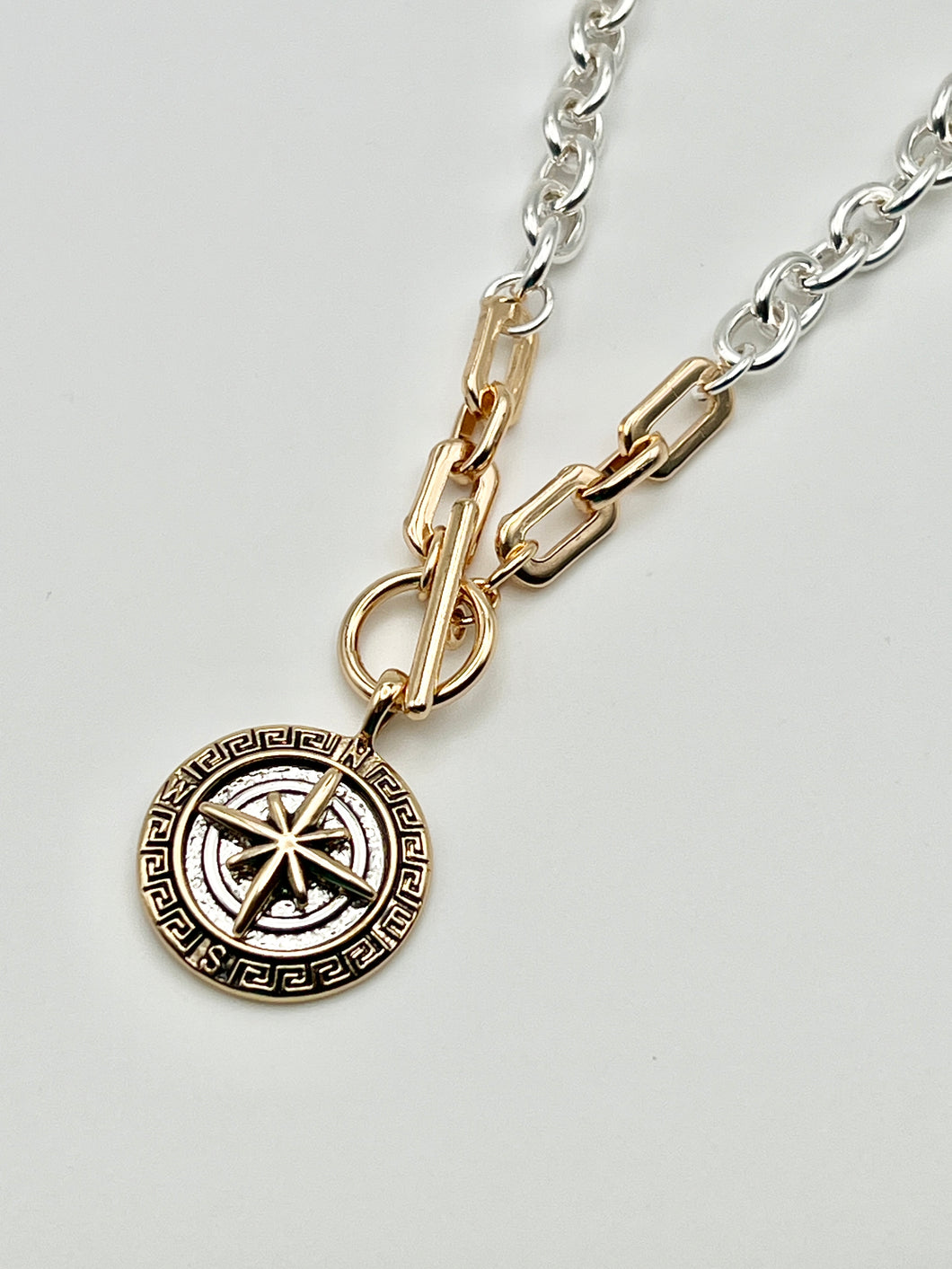 24/7 Wear Compass Pendant Two Tone Stainless Steel Necklace with 18