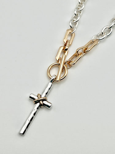 24/7 Wear Hammered Cross with Rope Pendant Two Tone Stainless Steel Necklace with 18
