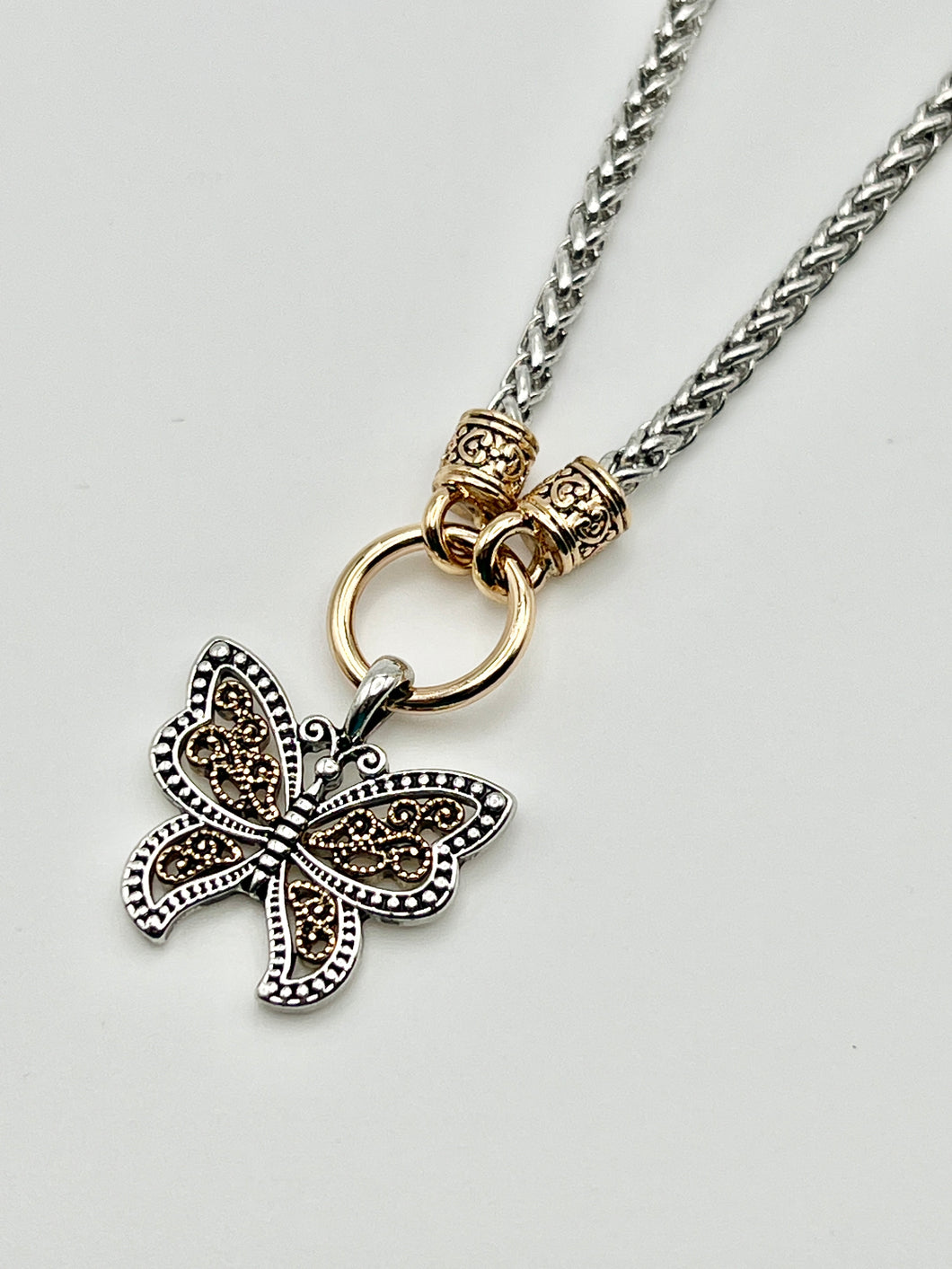 24/7 Wear Filigree Butterfly Two Tone Stainless Steel Necklace with 18