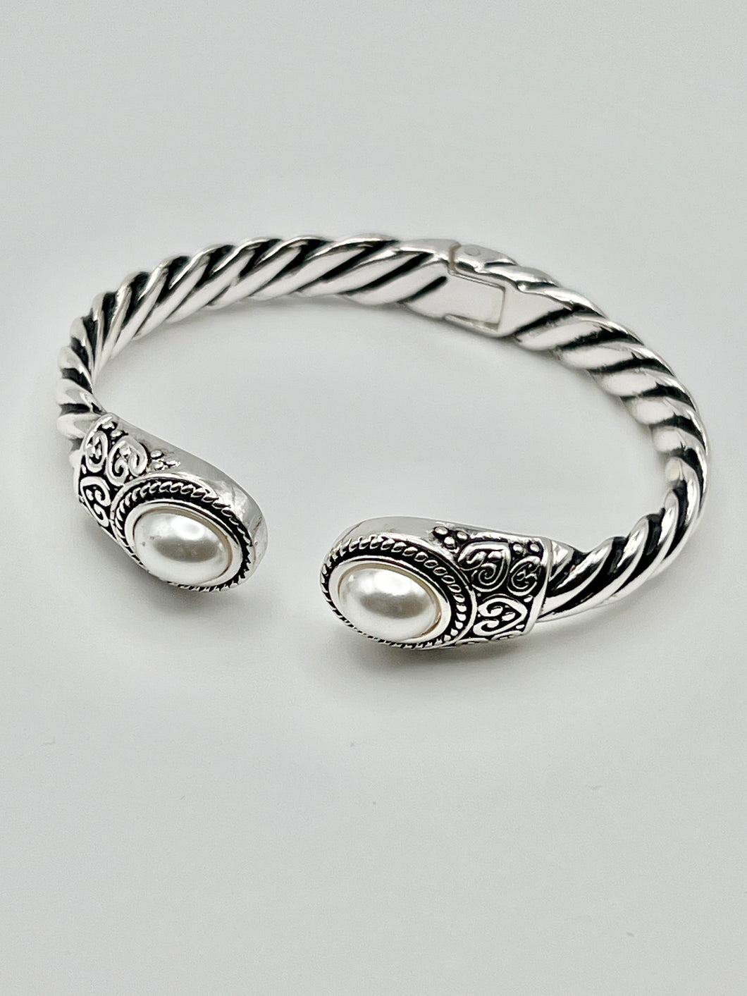 24/7 Wear Silver Rope and Filigree Pearl End Caps Stainless Steel Hinge bracelet