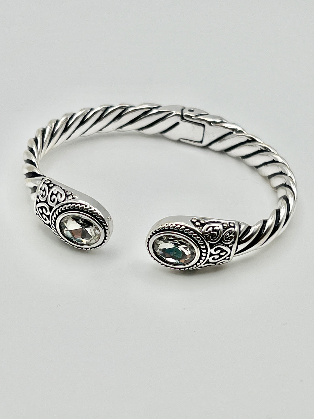 24/7 Wear Silver Rope and Filigree Crystal End Caps Stainless Steel Hinge bracelet