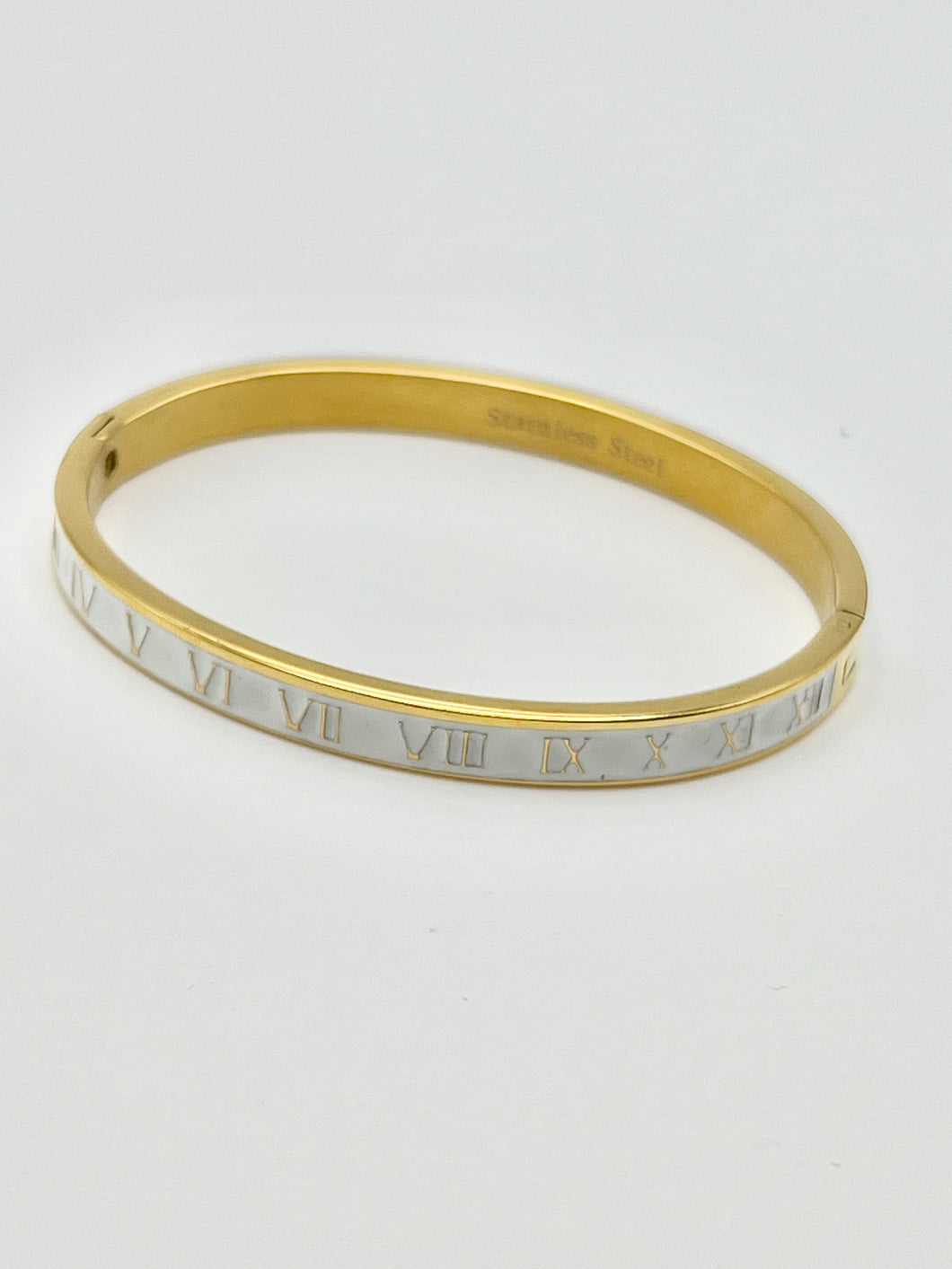 24/7 Wear White Stainless Steel Roman Numeral Bangle with Clasp - Silver and Gold