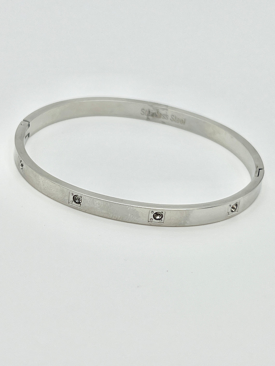24/7 Wear Silver and Crystal Stainless Steel Bangle with Clasp