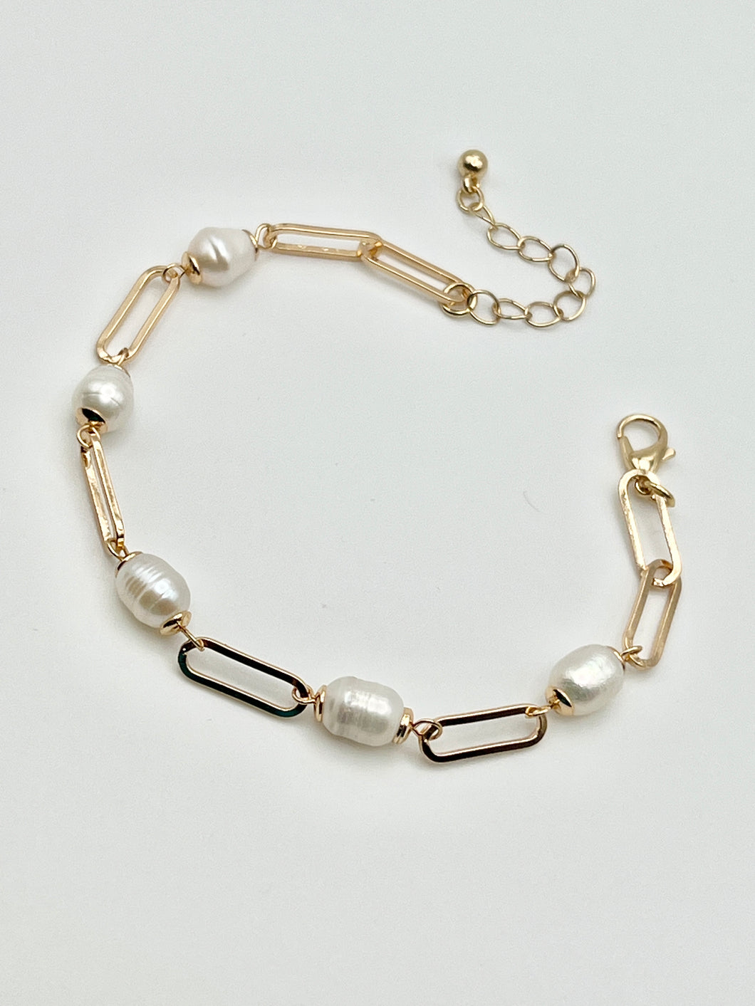 Gold Stainless Steel Paper Clip Chain with Freshwater Pearls Bracelet