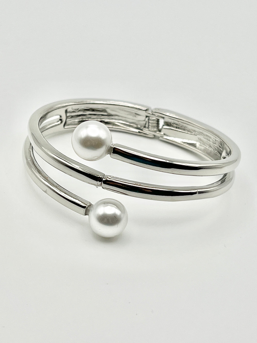 Pearl Overlapping End Caps Bangle with Hinge closure - Silver or Gold