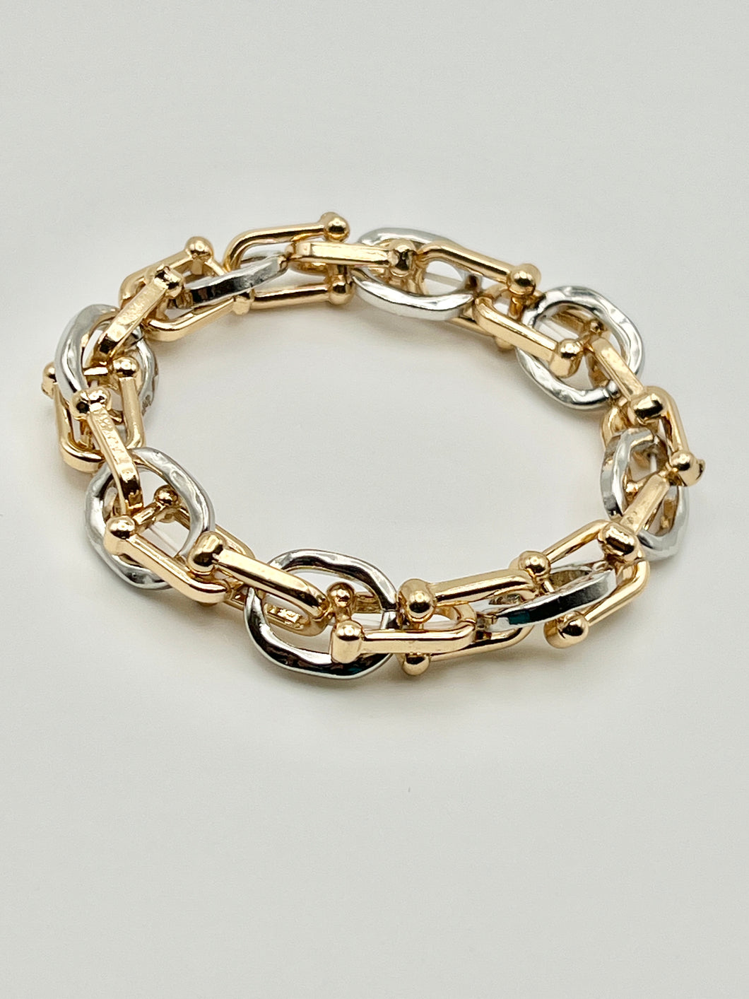 Two Tone Cable and Horseshoe Link Chain Stretch Designer Bracelet