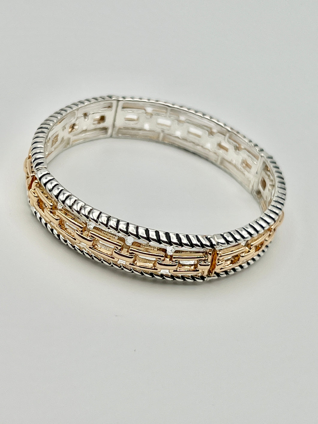 Square Gold Links with Rope Edge Design Two Tone Stretch Designer Bracelet