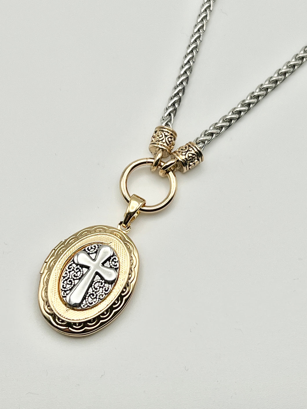 24/7 Wear Oval Cross Locket Pendant Two Tone Stainless Steel Necklace with 18