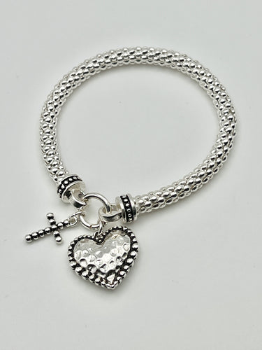 Silver Hammered Heart Charm with Cross Charm and Caviar Bead Stretch Bracelet