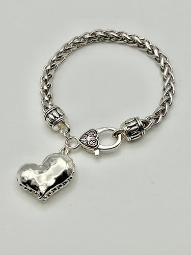 Silver Hammered Heart Charm with Spiga Chain and Lobster Clasp Closure