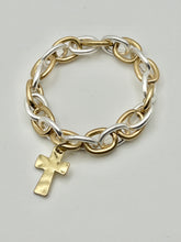 Matte Finish Cable Chain Stretch Bracelet with Cross Charm in Two Tone, Gold or Silver