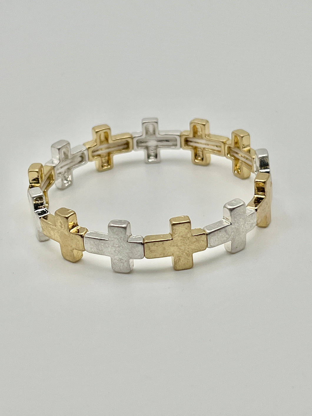 Hammered Cross Stretch Bracelet with 13 Small Crosses in 4 Colors