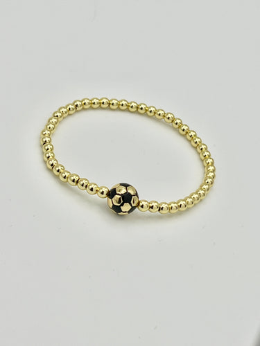 Gold Soccer Ball Charm Stainless Steel Ball Bead Stretch Bracelet - 4MM Bead Size
