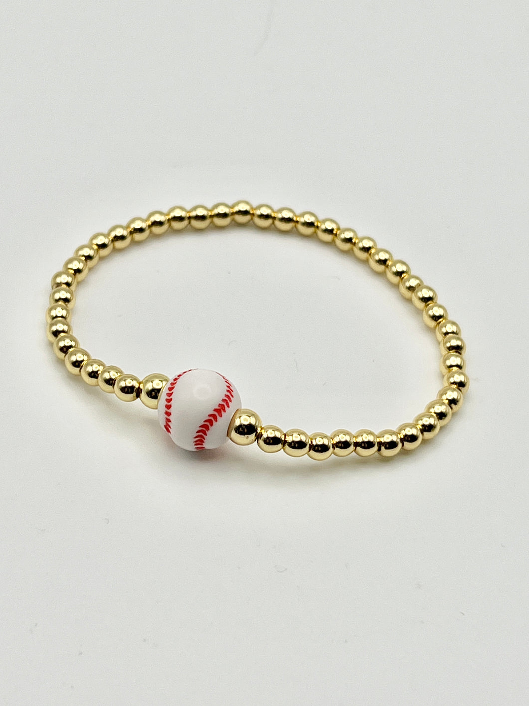Gold Baseball Charm Stainless Steel Ball Bead Stretch Bracelet - 4MM Bead Size