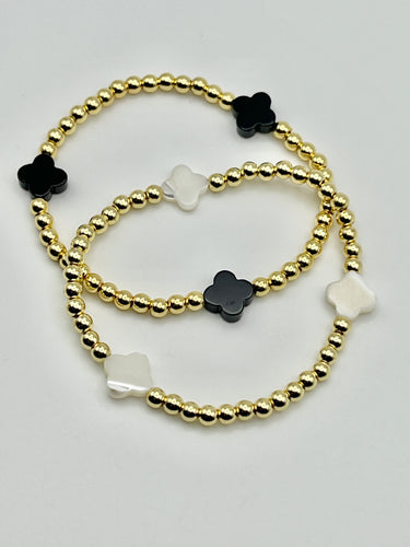 Color Clover Charm Stainless Steel Ball Bead Stretch Beaded Bracelet - Gold with 2 Colors