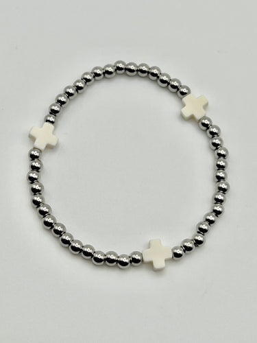Color Cross Charm Stainless Steel Ball Bead Stretch Beaded Bracelet - Silver with 3 Colors (Copy)