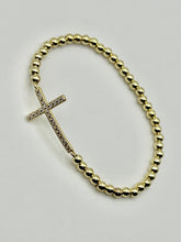 Crystal Cross Charm Stainless Steel Ball Bead Stretch Beaded Bracelet - Silver or Gold
