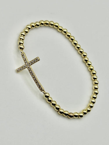 Crystal Cross Charm Stainless Steel Ball Bead Stretch Beaded Bracelet - Silver or Gold