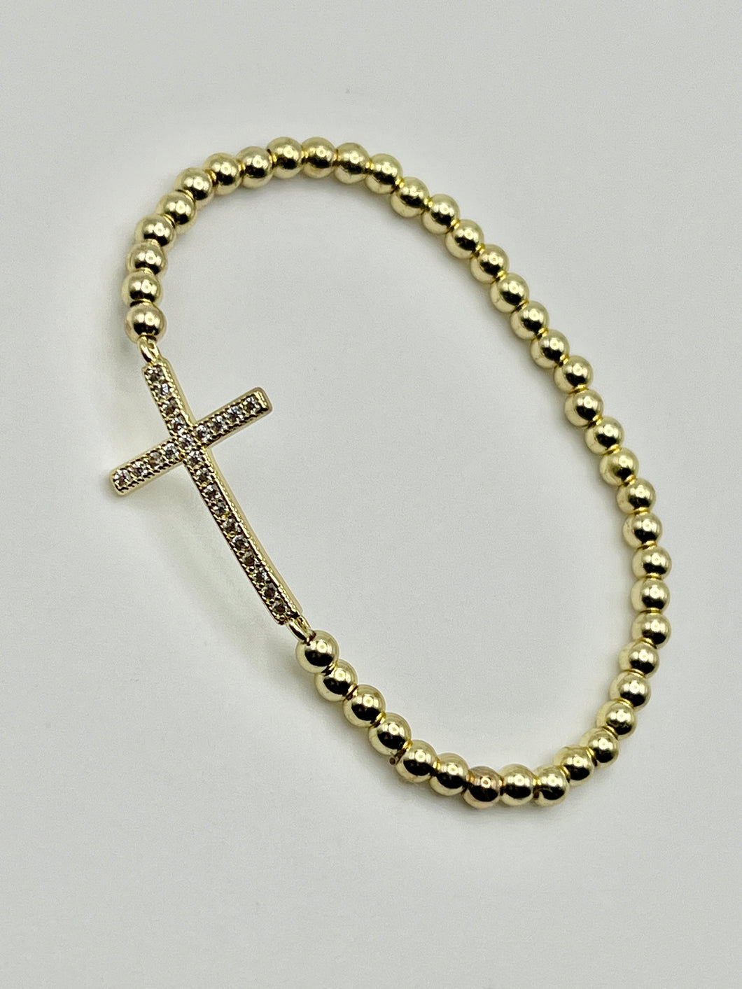 Crystal Cross Charm Stainless Steel Ball Bead Stretch Beaded Bracelet - Silver or Gold