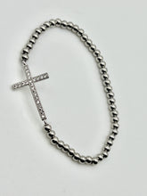 Crystal Cross Charm Stainless Steel Ball Bead Stretch Beaded Bracelet - Silver or Gold