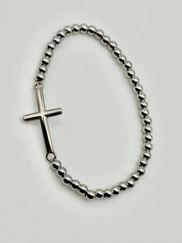 Cross Charm Stainless Steel Ball Bead Stretch Beaded Bracelet - Silver