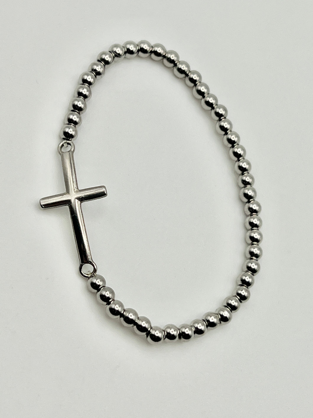 Cross Charm Stainless Steel Ball Bead Stretch Beaded Bracelet - Silver
