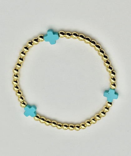 Color Cross Charm Stainless Steel Ball Bead Stretch Beaded Bracelet - Gold with 4 Colors