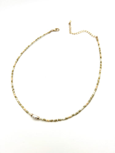 Seed Bead Necklace with Pearl Pendant - Multi Beige and Gold
