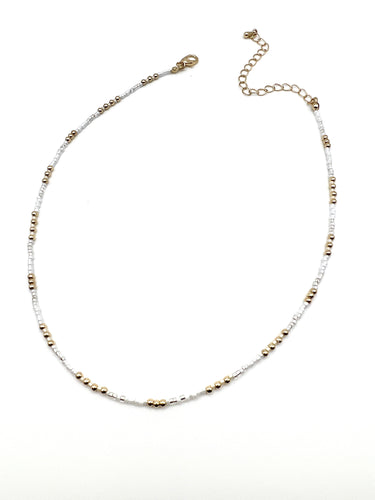 Seed Bead Necklace - White and Gold