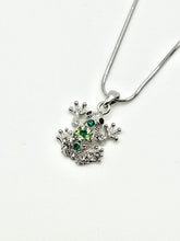 Green Jeweled Frog Silver Crystal Charm Necklace with 16 inch Serpentine Chain