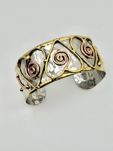 Spiral Hearts Artisan Mixed Metal Adjustable Cuff Bracelet