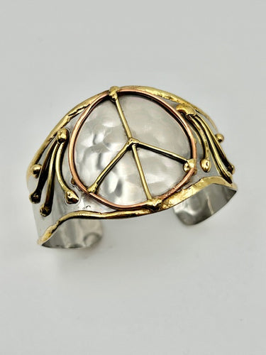 Artisan Mixed Metal Adjustable Cuff Bracelet with Peace Sign