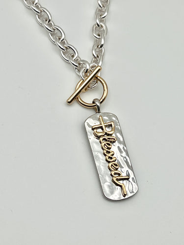 24/7 Wear Hammered Blessed Pendant Two Tone Stainless Steel Necklace with 18