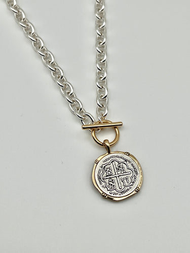 24/7 Wear Coin Pendant Two Tone Stainless Steel Necklace with 18