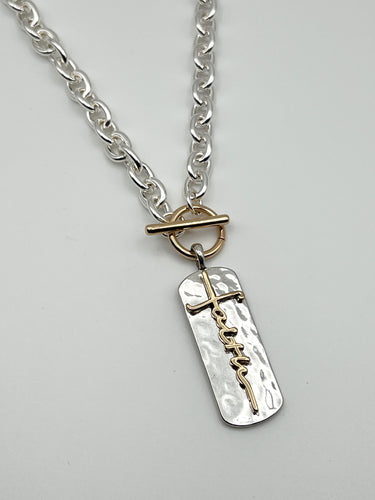 24/7 Wear Hammered Faith Pendant Two Tone Stainless Steel Necklace with 18