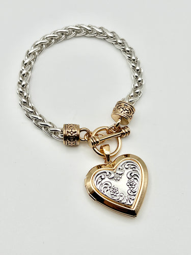Heart Locket Bracelet Two Tone with Cable Chain
