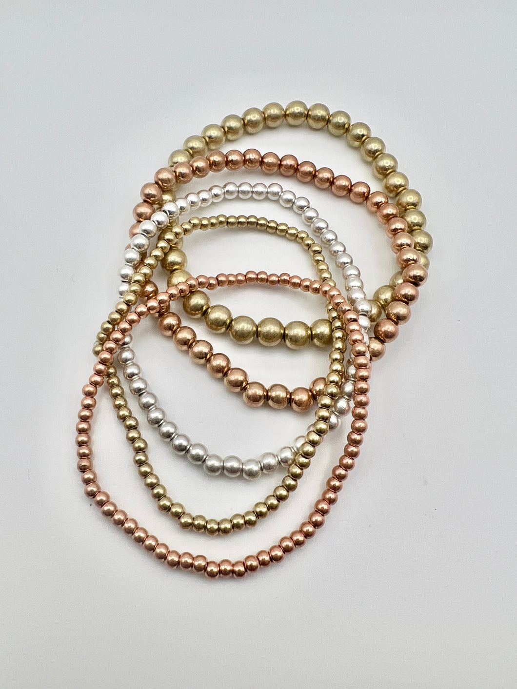 Matte Multi Metal Set of 5 Beaded Bracelets with 3 bead sizes