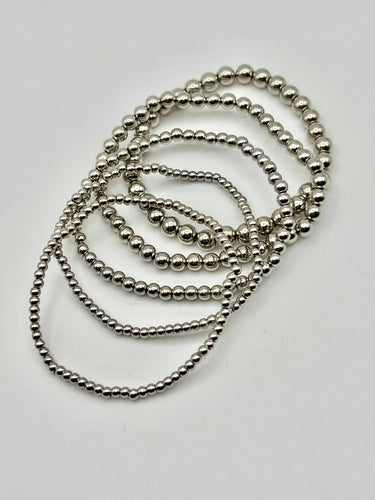 Stack of Silver Stretch Beaded Bracelets - Set of 5 with 3 bead sizes
