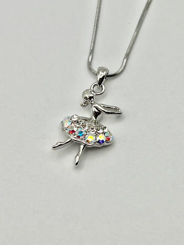 Ballerina Arabesque Silver Crystal Charm Necklace with 16 inch Serpentine Chain - 3 Colors