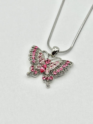 Large Butterfly Silver Crystal Charm Necklace with 16 inch Serpentine Chain - 3 Colors
