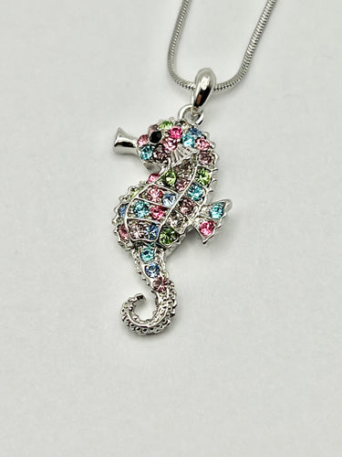 Seahorse Silver Crystal Charm Necklace with 16 inch Serpentine Chain - 2 Colors