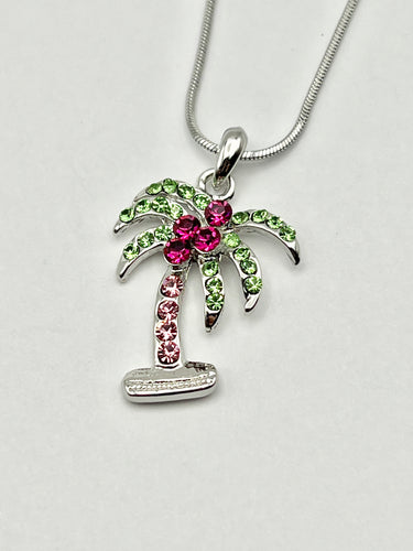 Palm Tree Silver Crystal Charm Necklace with 16 inch Serpentine Chain - 2 Colors