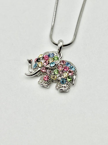 Elephant Silver Crystal Charm Necklace with 16 inch Serpentine Chain - 2 Colors