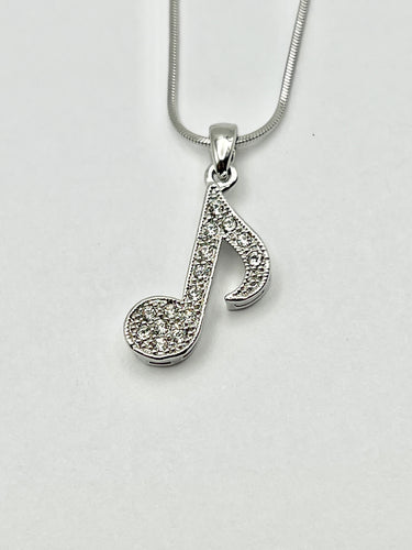 Music Note Silver Crystal Charm Necklace with 16 inch Serpentine Chain