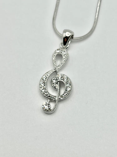 Music Treble Clef Silver Crystal Charm Necklace with 16 inch Serpentine Chain