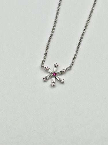 Flower with Pink Center Silver Crystal Charm Necklace with 16 inch Cable Chain