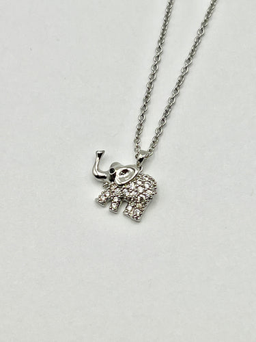 Small Elephant Silver Crystal Charm Necklace with 16 inch Cable Chain